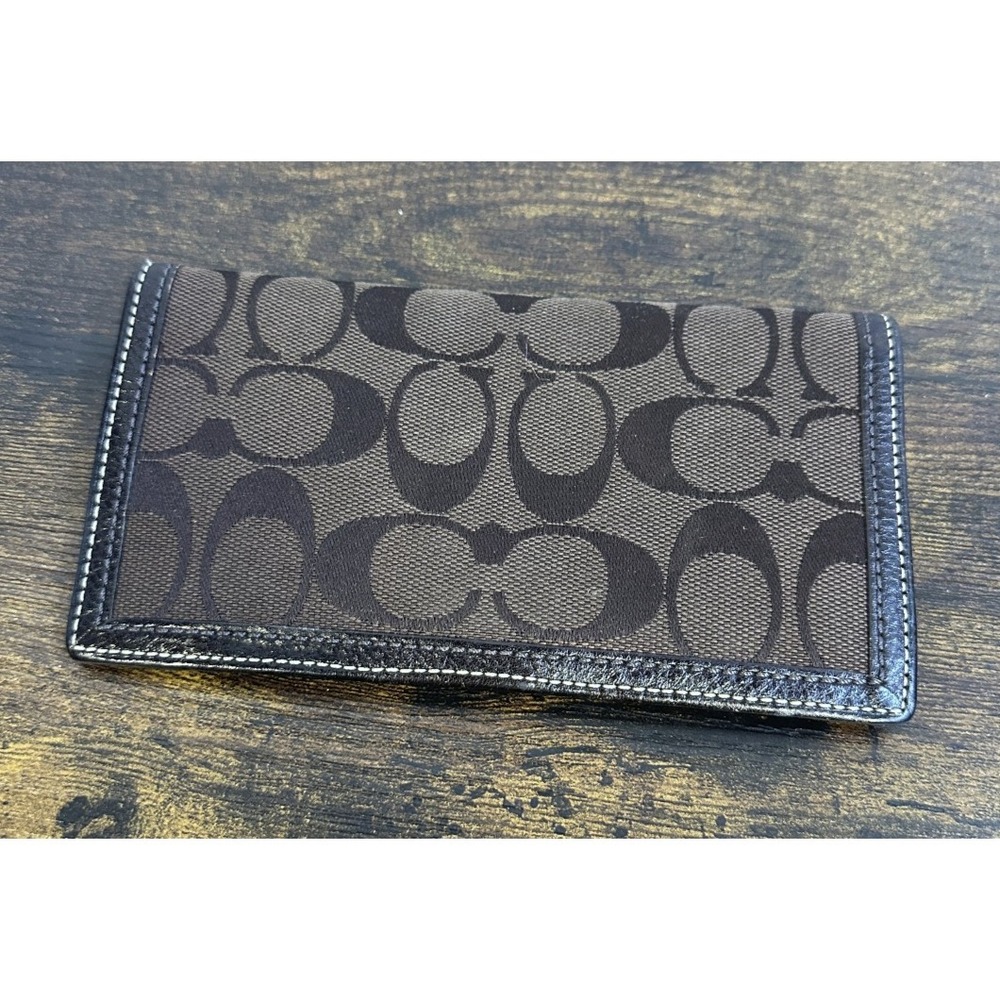 Coach Checkbook Cover Signature Brown Logo Jacquard Fabric Leather Trim Wallet - Picture 14 of 14